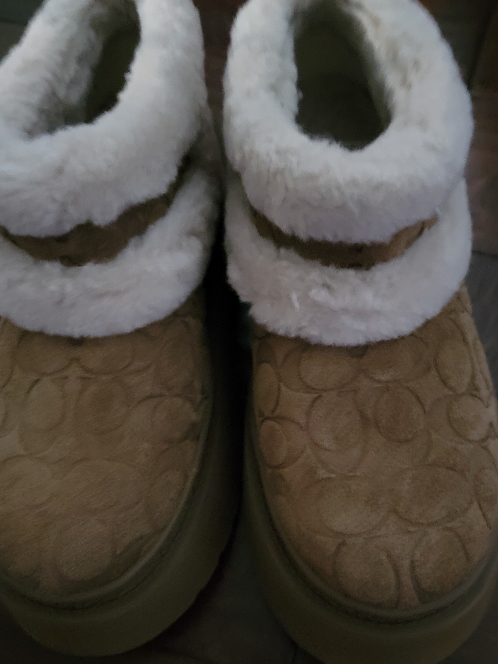 COACH brand. Cozy Tan Suede Booties with Cream Faux Fur Trim.